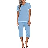 Ekouaer Women's Sleepwear Capri Pajama Sets Short Sleeve Two-Piece Pjs V Neck Tops & Capri Pants with Pockets S-3XL