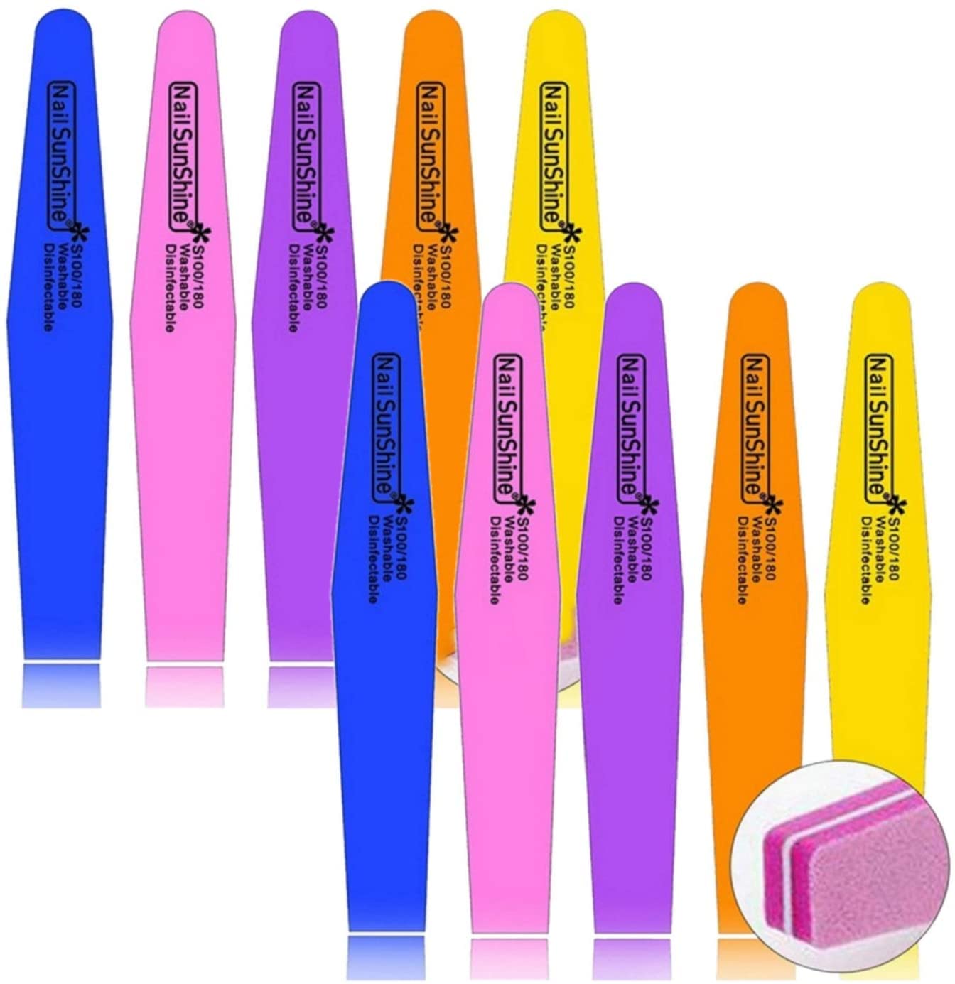 10pcs Mix Color Sunshine Nail File Sponge Diamond Nail Buffer File Washable 100/180 Nail Buffer for Nail Finger Polish, Multicolor