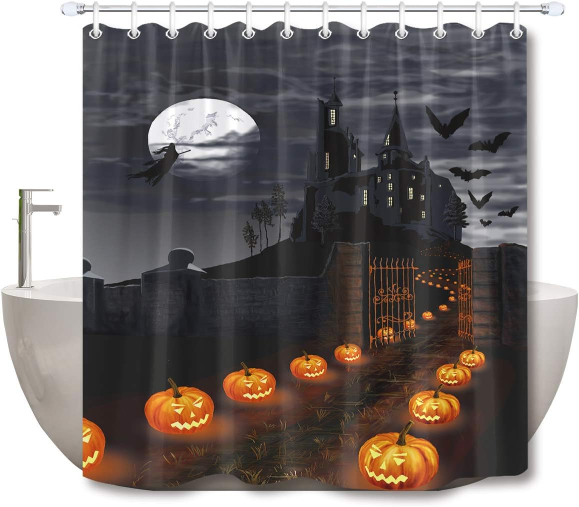 Lb Halloween Theme Magical Castle Shower Curtain With Pumpkins Lantern Witch Flying In Moon Night With Bat Funny Halloween Bathroom Set With 10 Hooks