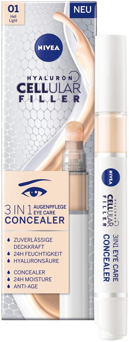 NIVEA Hyaluron Cellular Filler 3-in-1 Eye Care Concealer Light (4 ml), Anti-Age With Hyaluron for Dark Circles, Redness and Pimples