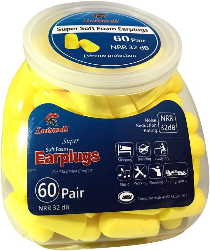 Yellow Ear Plugs 60Pairs Soft Disposable Foam Safety Earplugs Bulk, Hearing Protection for Adults Woman and Children, Noise Reduction for Work, Music, Sleep, Travel, Hunting,Shooting, Sports, Concerts