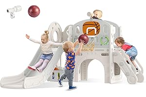 Babytronic 9-in-1 Toddler Slide, Baby Slide, Indoor Outdoor Kid Slide, Toddler Slide Set with Basketball Hoop, Ring Toss, and Telescope, Toddler Playground for Kids Ages 1-3 (Beige Gray)