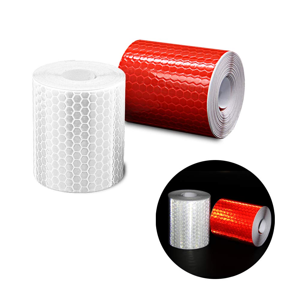 2pcs 3m*50mm Reflective Tape High Intensity Prismatic Waterproof Reflective Safety Warning Tape Vinyl Roll Self-Adhesive Security Marking Tape (Red&White)