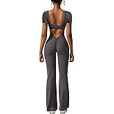 YEOREO Women Workout Flare Jumpsuit Scrunch Butt V Back Short Sleeve Yoga Rompers Dark Grey M