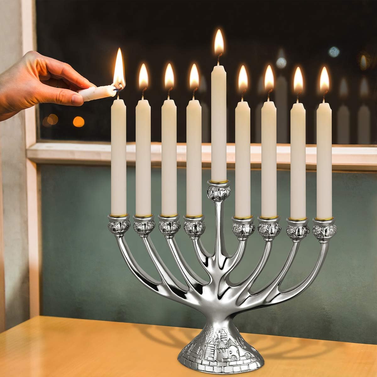 Unomor Sliver Hanukkah Menorahs, Chanukah Menorah with 9 Branches Resin Made: Home & Kitchen