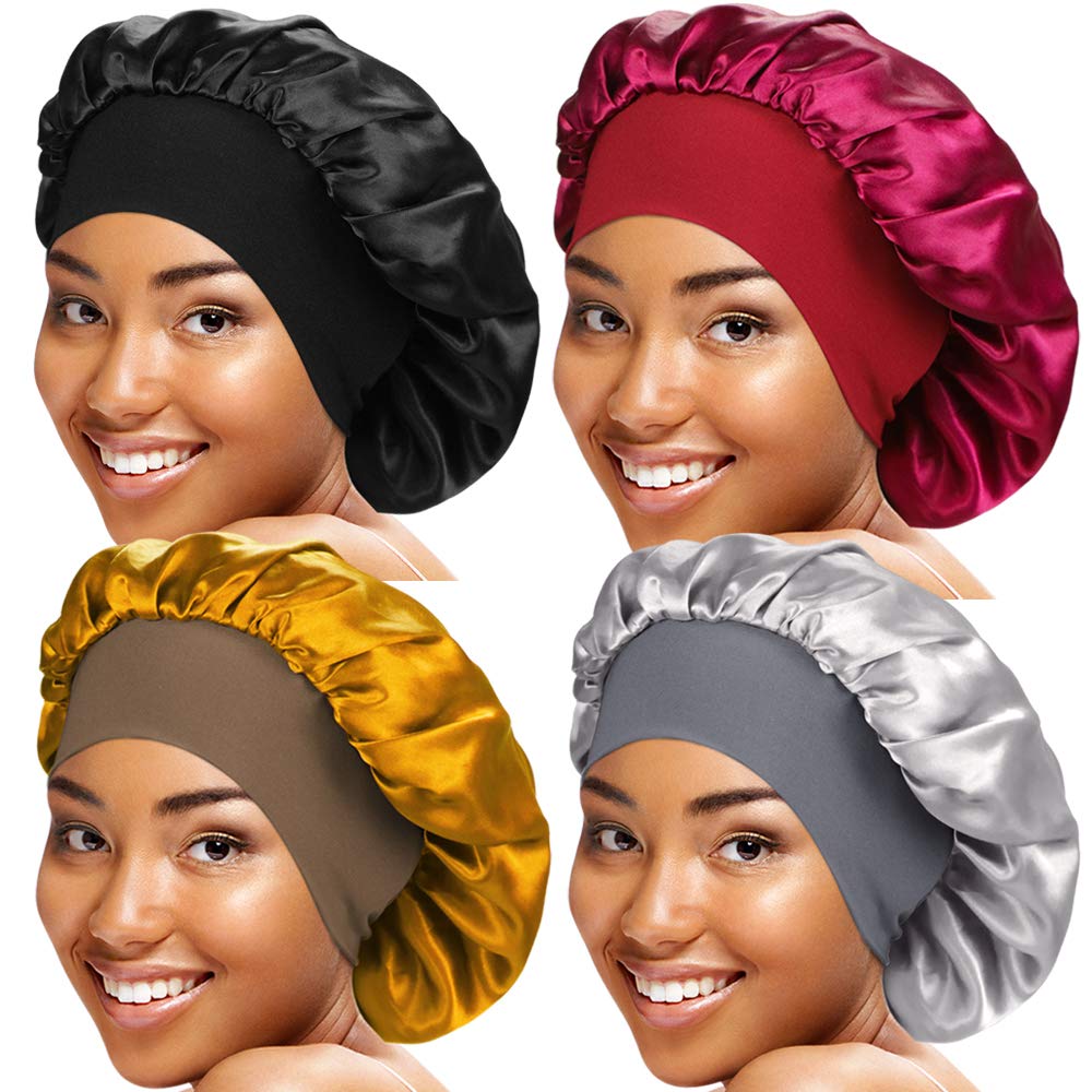4 Pieces Wide Band Satin Cap Sleep Bonnet Soft Night Sleep Hat for Women