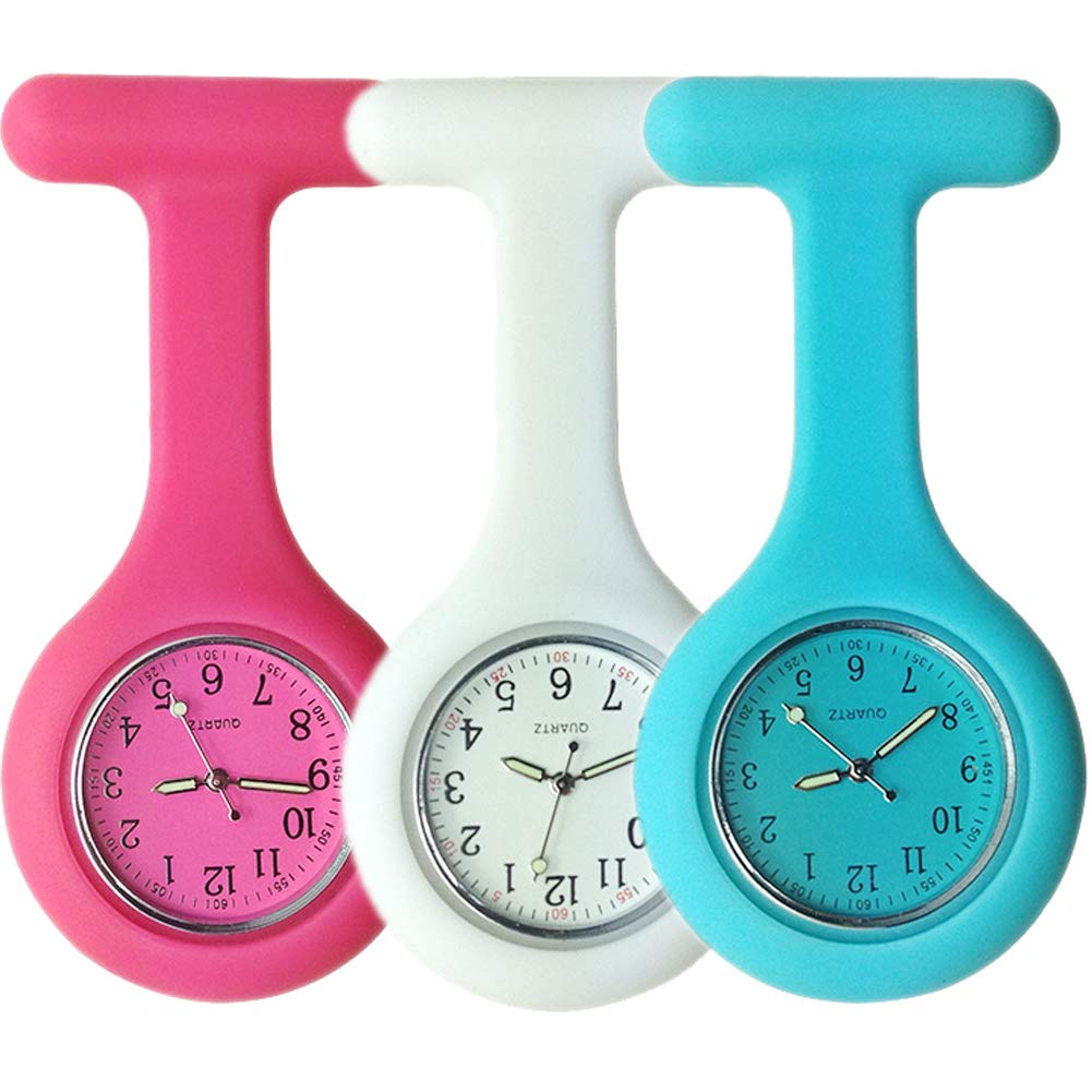 SibyTech Nurse Watch Brooch,Silicone with Pin/Clip, Glow in Dark, Health Care Nurse Doctor Paramedic Medical Brooch Fob Watch (Pink White Blue) — image 1