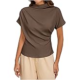 SweatyRocks Women's Casual Short Sleeve Mock Neck Tee Top Asymmetric Ruched Plain T Shirt