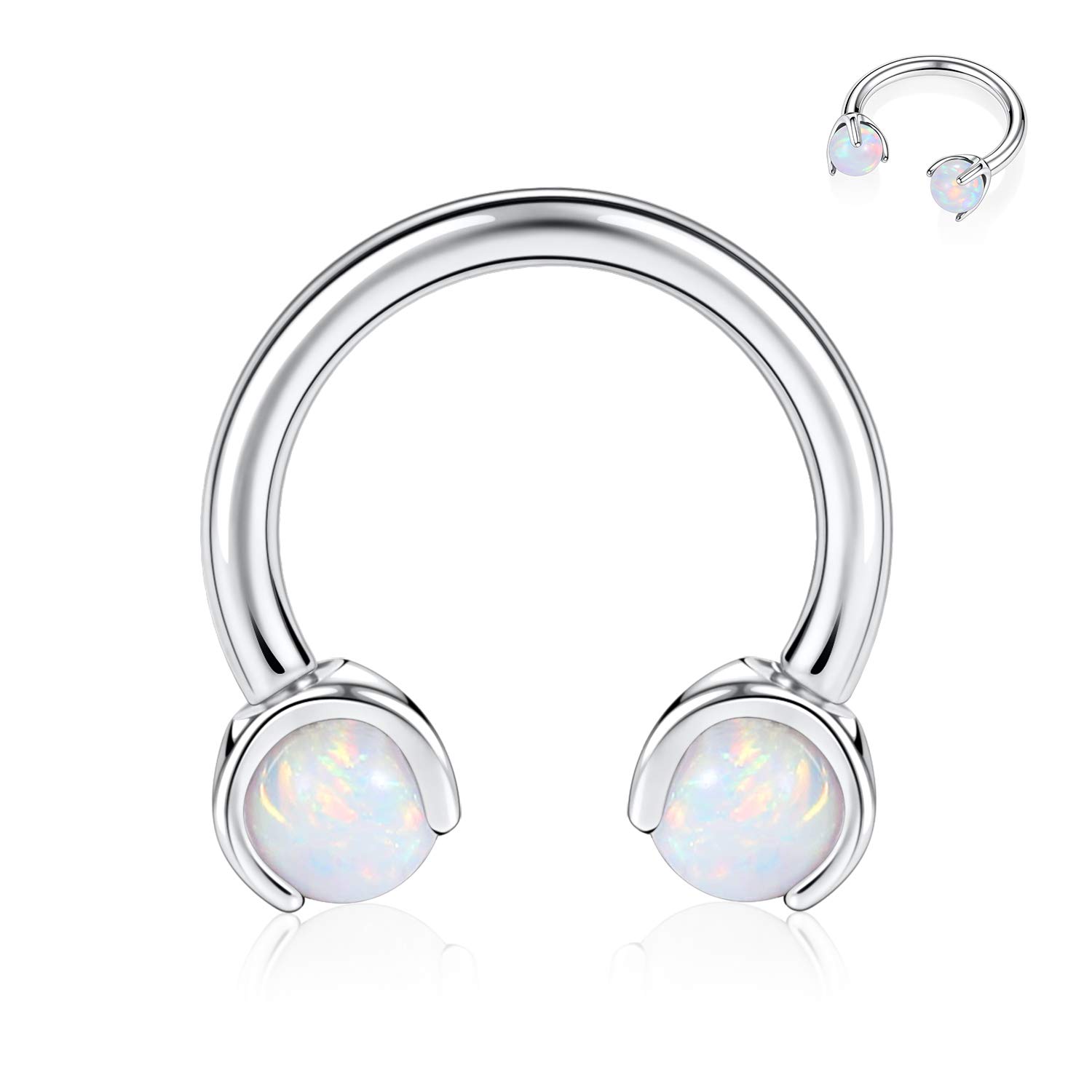 16G G23 Titanium Horseshoe Septum Ring 8mm Internally Threaded Nose Rings Hoop Fixed with Claws White Opal Barbells 3mm Silver Helix Daith Cartilage Tragus Earrings Eyebrow Body Piercing Jewellery