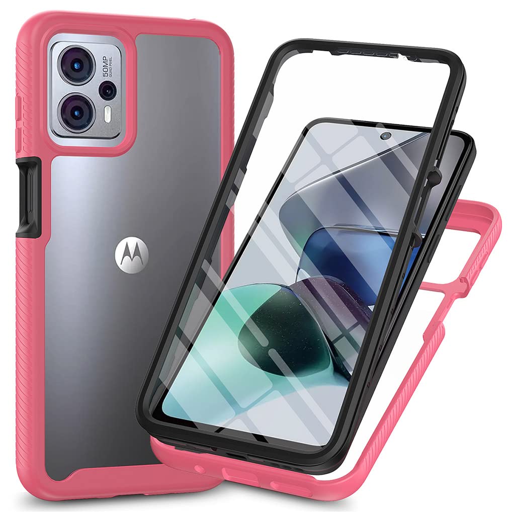 SEAHAI Clear Case for Motorola Moto G13 / Moto G23, [with Built-in Screen Protector] Military Grade Full Body Rugged Armor Cover, Heavy Duty Dropproof Shockproof Case - Light red