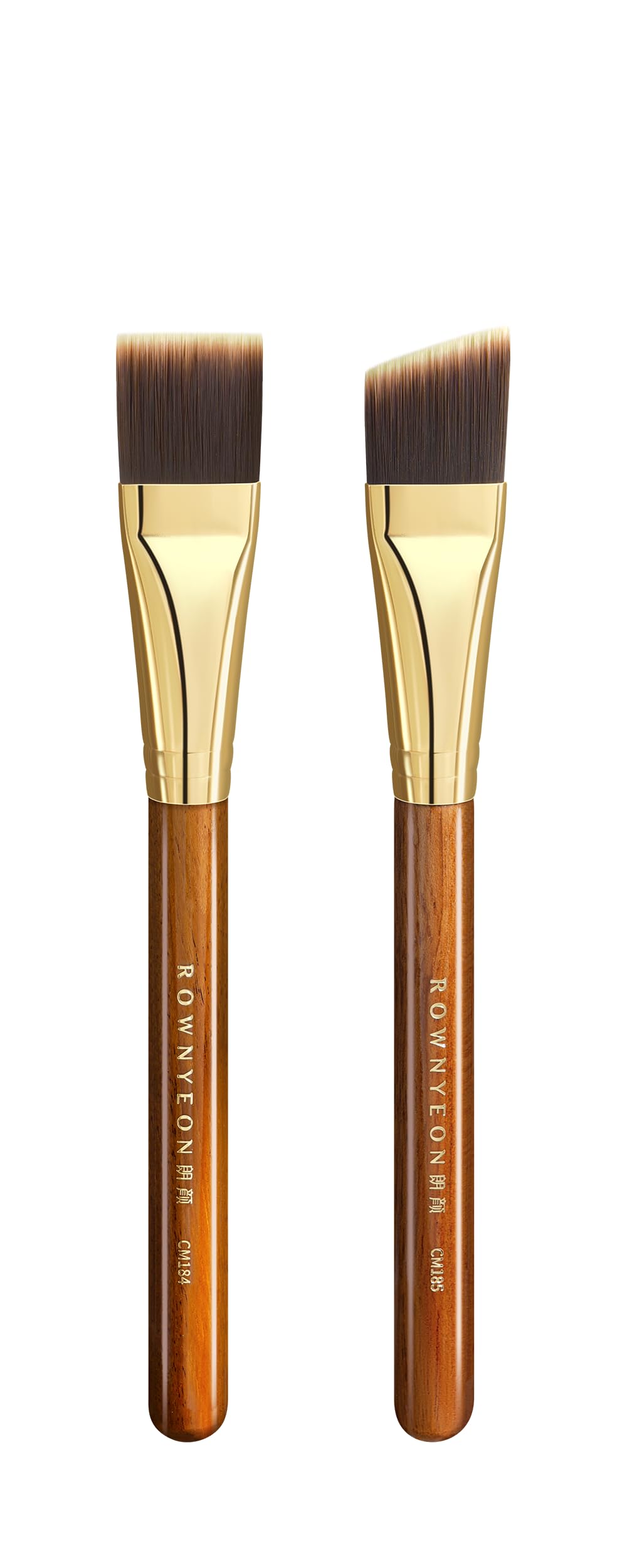 Photo 1 of Desert Oak Series Foundation Master Duo Brush Set - CM 184 Liquid Flat Top & CM 185 Cream Angled Brush for All Foundation Types, Bubinga & Brass