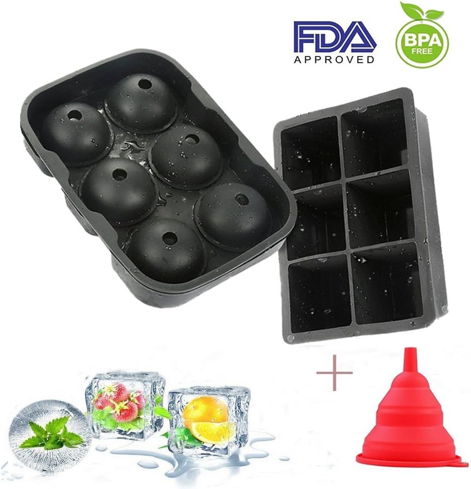 Ice Cube Trays (Set of 2) Acale - Ice Ball Cube Maker Mold Black Silicone 6 X 1.7 inch Ice Ball Cube Spheres Giant Ice Ball Cube Maker Dishwasher Safe Reusable & BPA Free Best for Whiskey Highball Cocktail or Liqueur Glasses and Any Drink