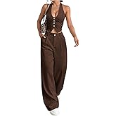 SweatyRocks Women's 2 Piece Outfits Button Front Tie Backless Crop Halter Top and Straight Leg Pants Set