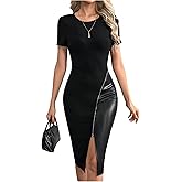 SOLY HUX Women's Summer Short Sleeve Midi Dress PU Leather Zipper Split Bodycon Dresses