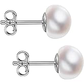 Handmade Pearl Earrings, Sterling Silver White Button Freshwater Cultured Pearl Stud Earrings for Women