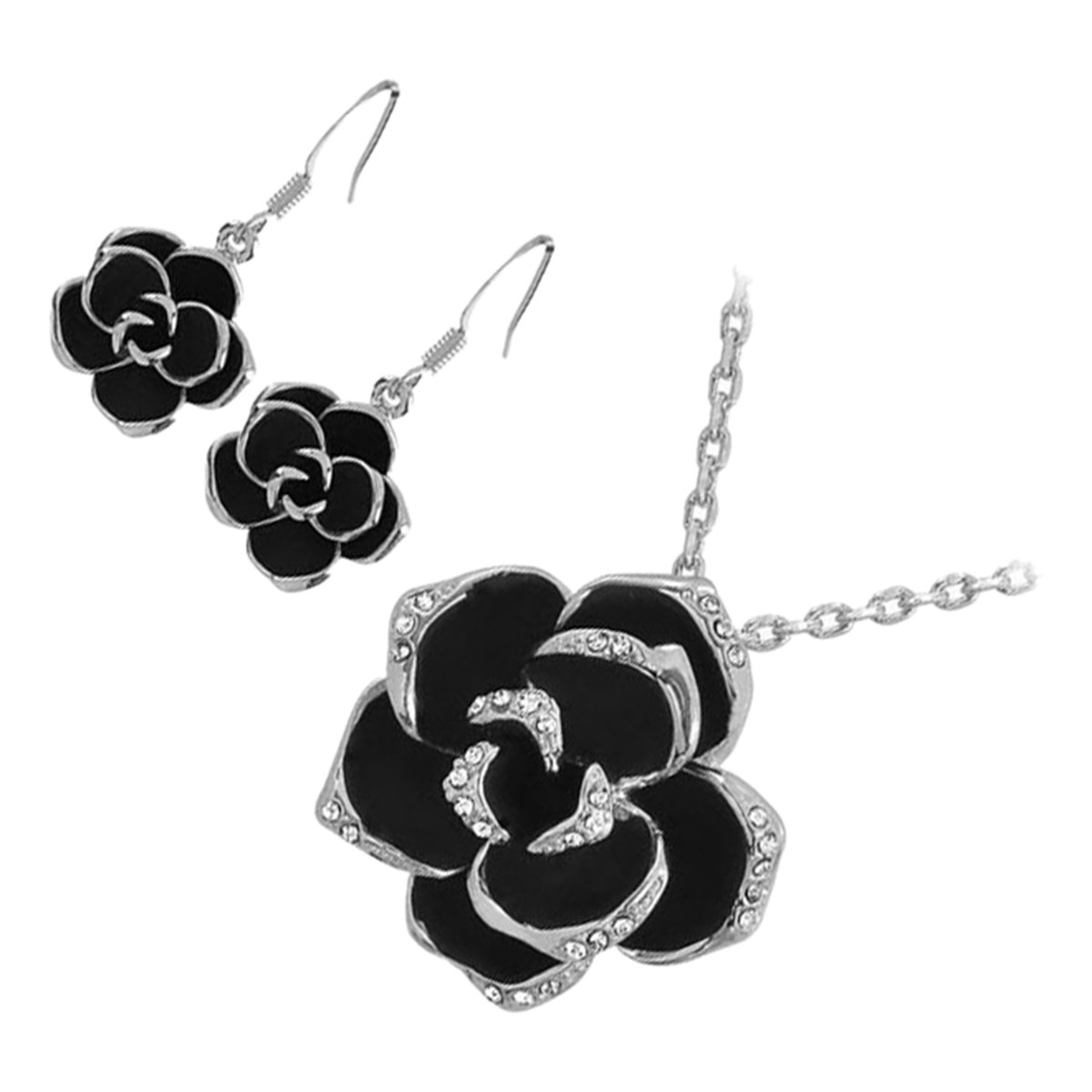 GWG Jewellery Set 925 Sterling Silver Coated Pendant Necklace and Earrings Rosebud Flower with Black Leaves Graced with Diamond Clear Crystals in Gift Box for Women