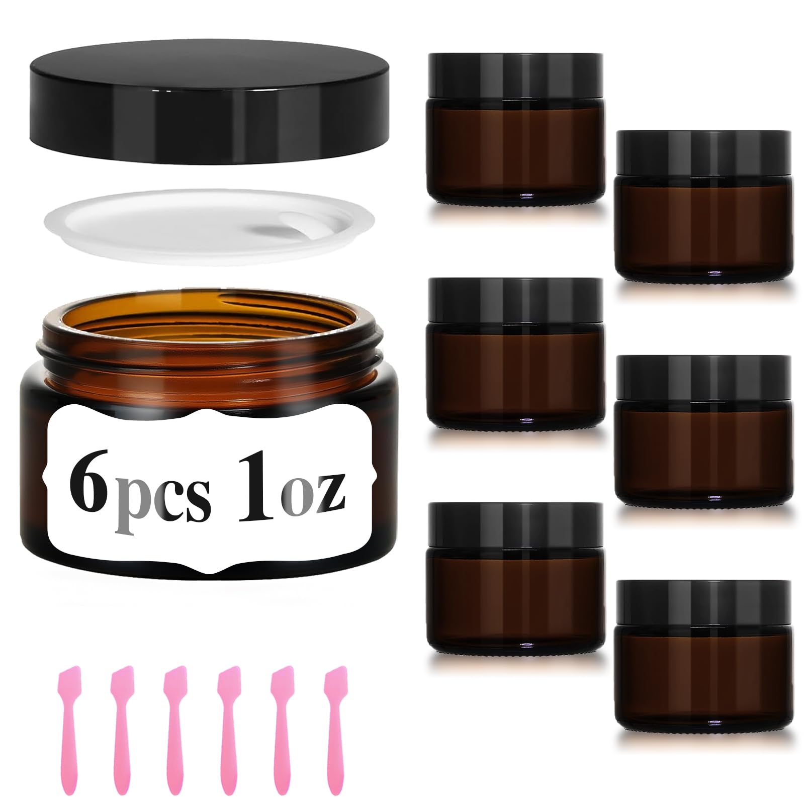 Photo 1 of 1 oz Glass Jars with Lids, 6 Pack Amber Small Glass Jars with Black Lids Leakproof Airtight Empty Cosmetic Travel Containers with Inner Liners For Lotions Body Scrub, Candle Making