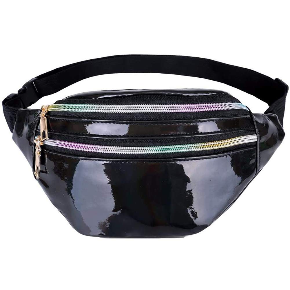Fanny Pack Holographic Waist Bag for Women - Fashion Laser Waist Bag PU Waterproof with Adjustable Belt for Travel Party Running Cycling Sports Belt Bag (Black)