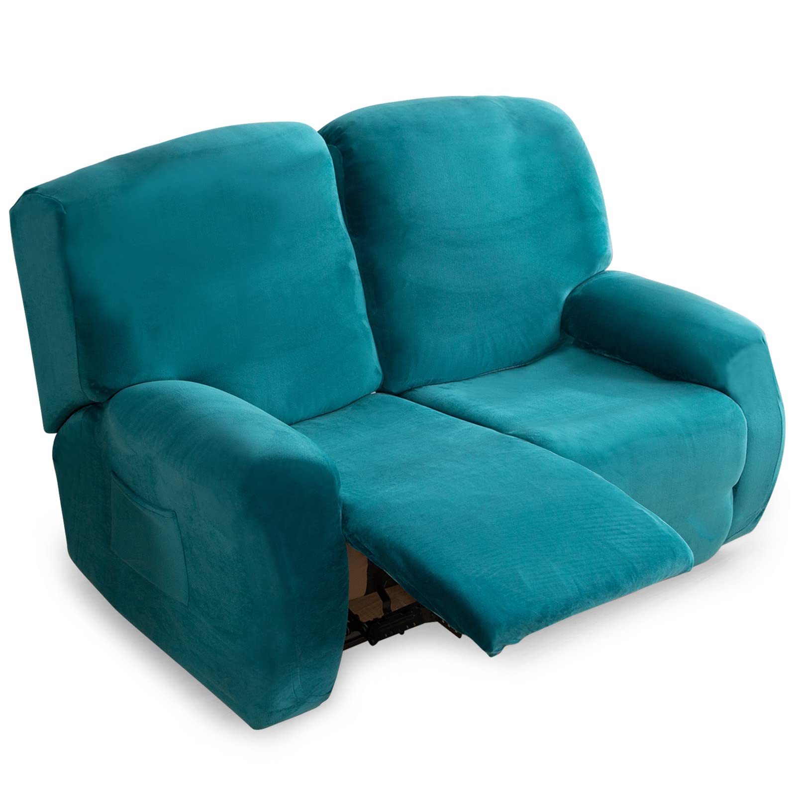 Recliner Chair Cover 2 Seater - Super Soft Velvet Stretch Recliner Couch Covers Sofa Chair Slipcover with Side Pocket for 2 Cushion Recliner Sofa for Furniture Protector (Blue Green)
