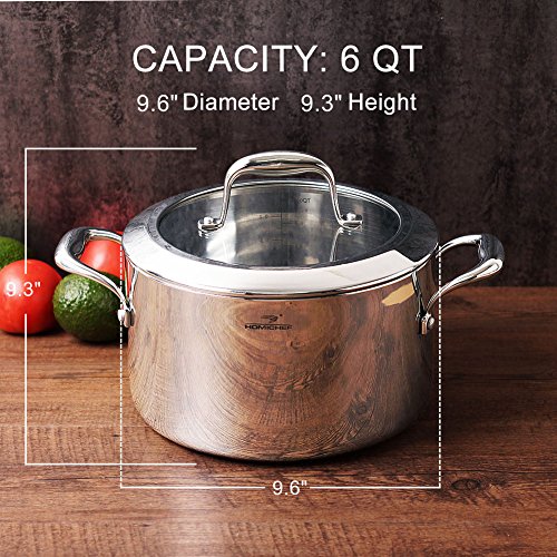 HOMI CHEF Mirror Polished NICKEL FREE Stainless Steel 6 QT(Quart) Stock Pot with Glass Lid (No Toxic Non Stick Coating, Whole-Clad 3-Ply) - Triply Stainless Steel Pots and Pans - Soup Pots with Lids