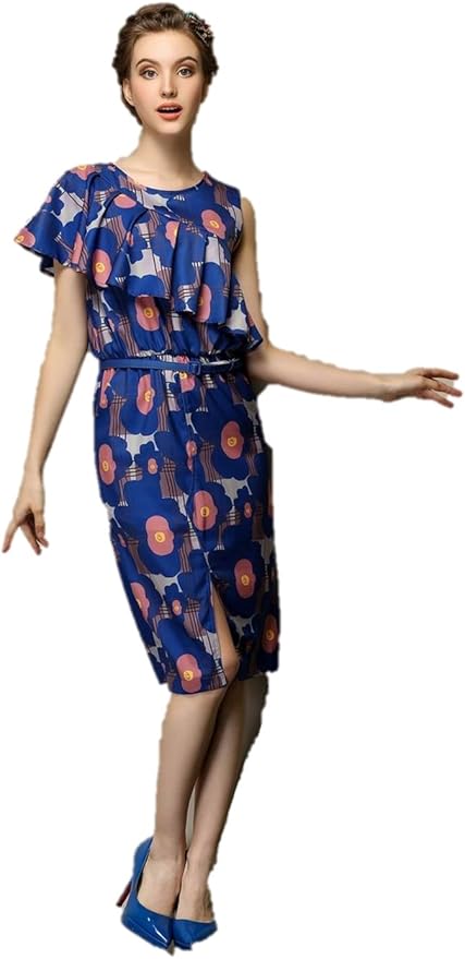 Amazon 春夏 イラストワンピース 花柄 フラワープリント パッケージヒップドレス タイトスカート ノースリーブ フリルフラウンス ウエストベルト ラウンドネック ミモレ丈 膝下 エレガント クマのぬいぐるみ付き K4860 S ワンピース チュニック 通販