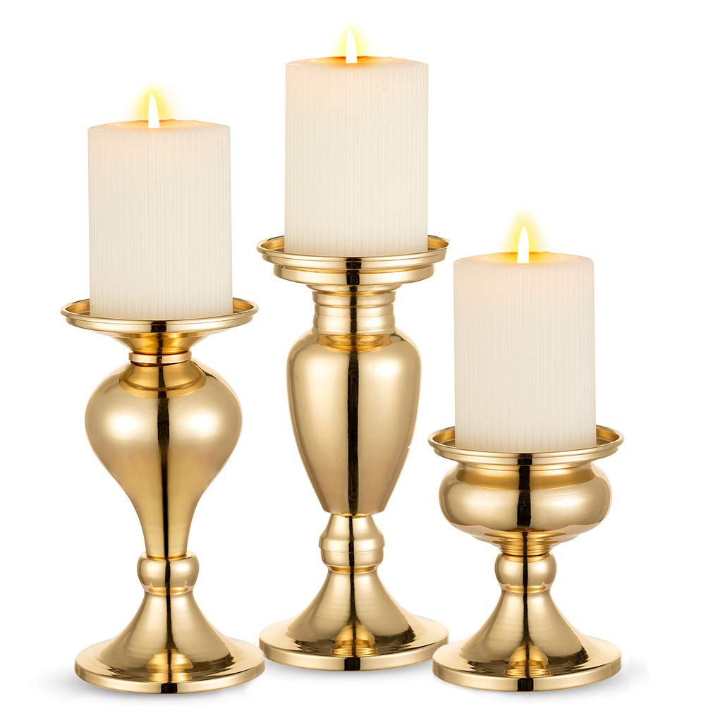 Sziqiqi Metal Pillar Candle Holders Set of 3, Vintage Candle Stand for Pillar Candles, Gold Candlesticks Centerpieces for Table Mantle Fireplace Decor, Gold