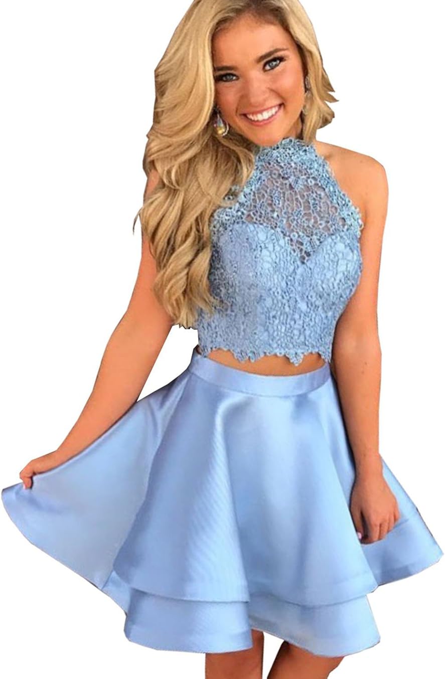 BRL MALL Women's Prom Dress Short Lace 2 Pieces Halter High Neck Party
