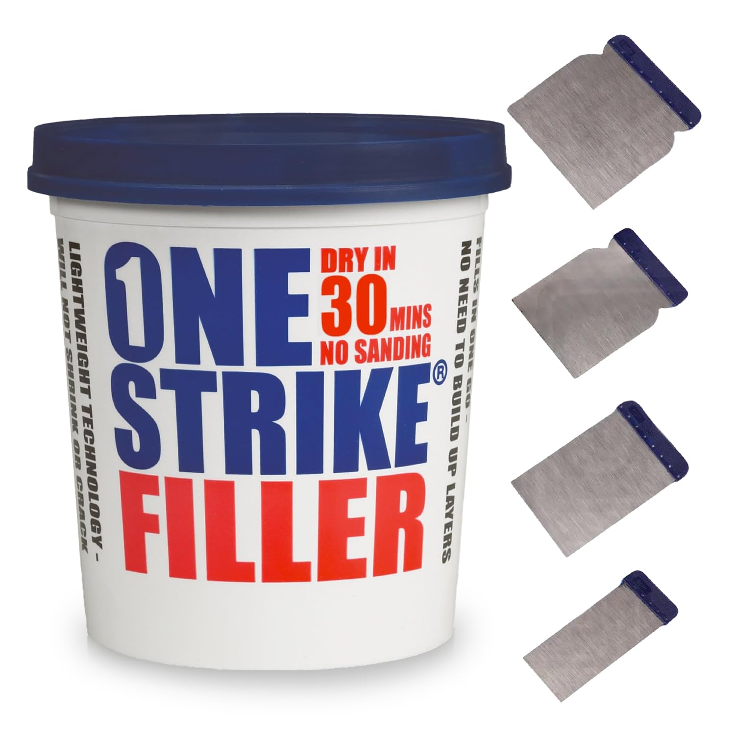 Everbuild 1 LTR One Strike Wood Filler White + Stainless Steel Scrapers (4 Sizes) | Wall Filler Ready Mixed for Holes, Polyfilla & Decorating Tool Bundle