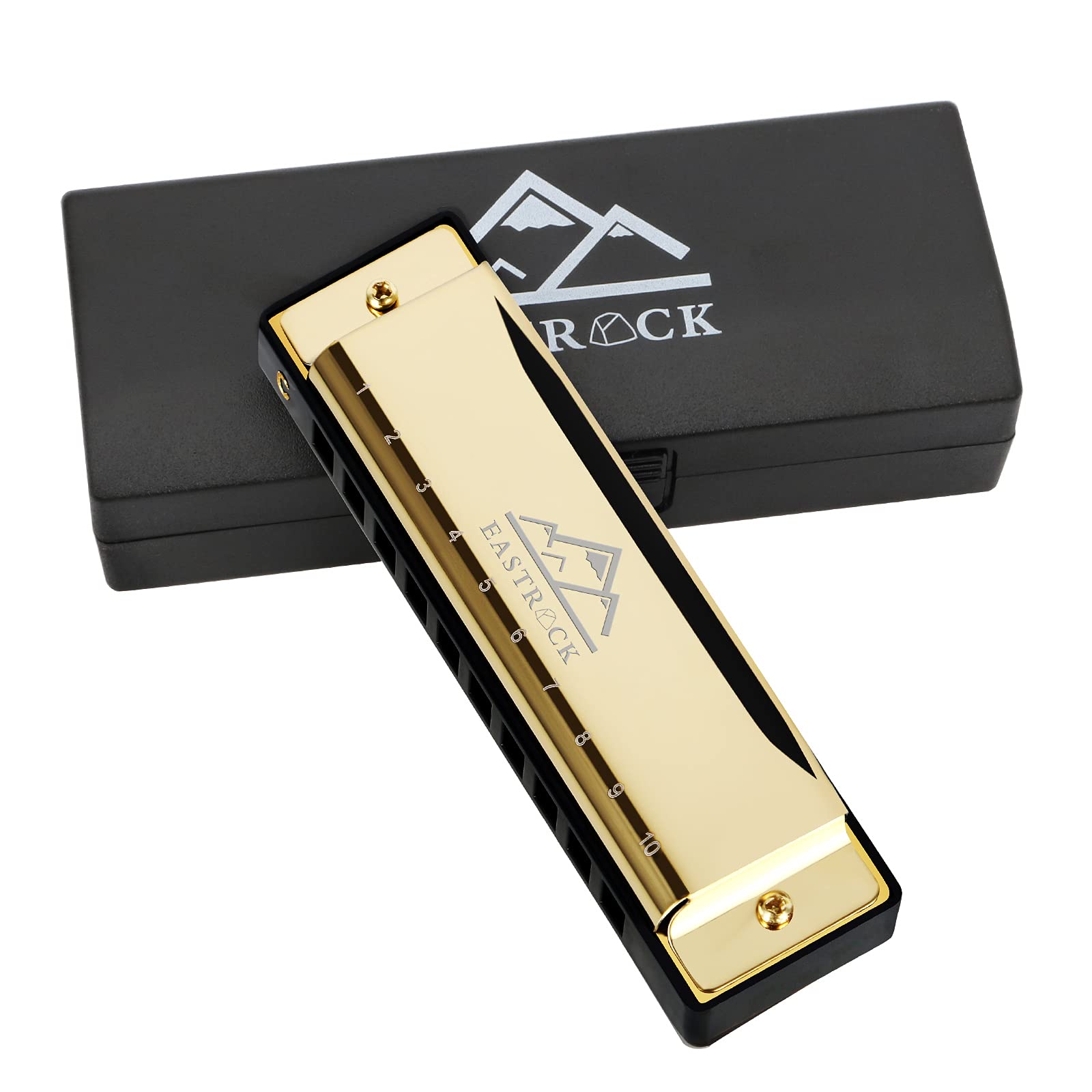 EastRock Harmonica 10 Holes 20 Tunes Blues Harmonica Key of C Mouth Organ for Beginner, Adults, Kids Gift with Case and Cleaning Cloth (Gold)