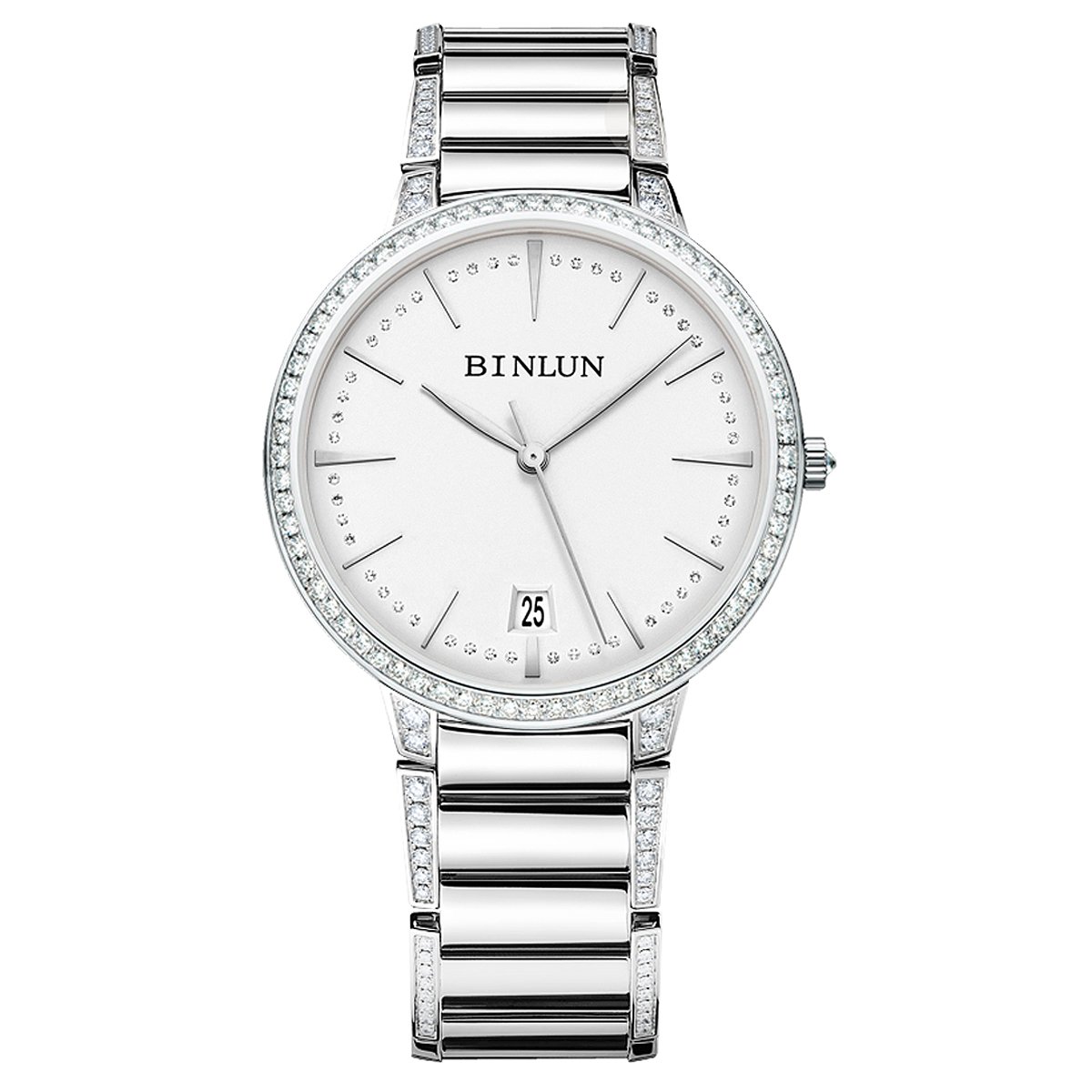 BINLUN Ultra Thin Waterproof Womens Automatic Watches with Sliver Stainless Steel Bracelet Date Diamond Accented Bezel Mother' Day