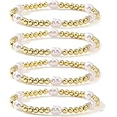 SHINUS BOHO Gold Beaded Pearl Bracelet Stack for Women,Handmade Bohemian Gold Stretch Stackable Bracelets Fashion Prom Accessories Jewelry Gift