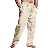 QOSOQ Men's Casual Linen Pants Loose Fit Drawstring Waist Lightweight Men Linen Summer Beach Long Pants Yoga