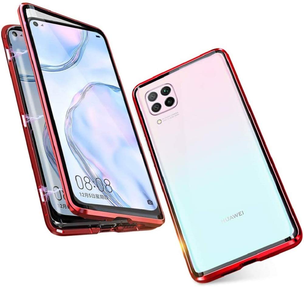 SIMao Case for Huawei P40 Lite Cover,[Magnetic Adsorption][Metal Frame + Front and Back Tempered Glass Transparent] Flip Cover Ultra Thin Full Body Screen 360 Degrees Coverage Litetective Case,Red