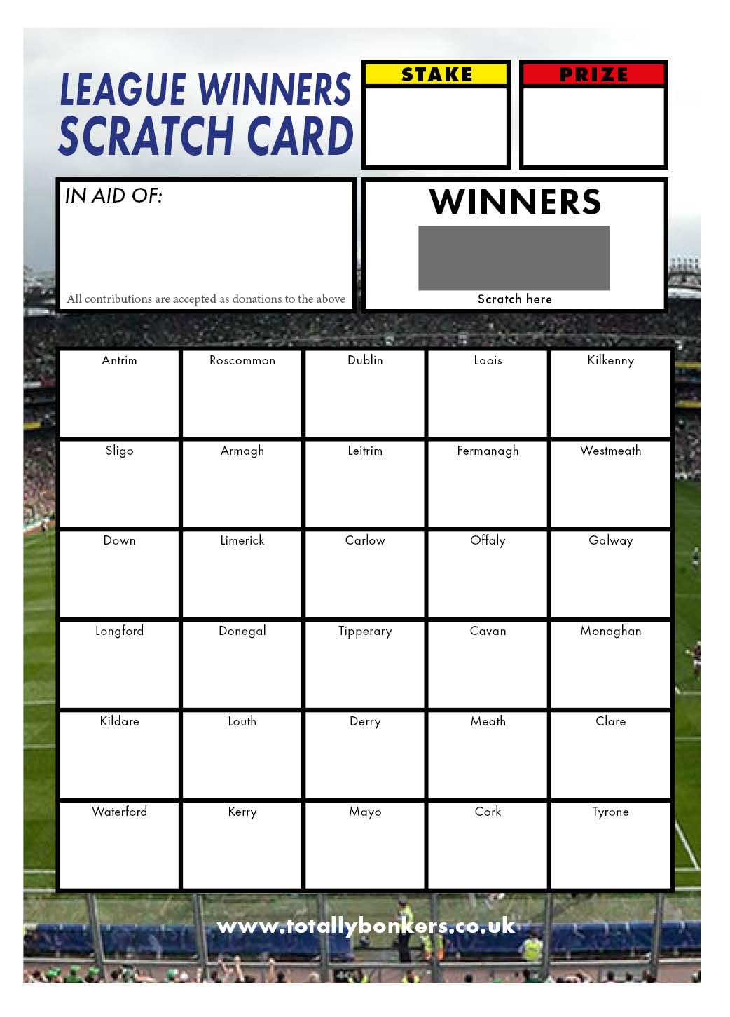 Totally Bonkers - Gaelic Football (30) Fundraising Scratch Cards - 30 Square - A6 (148x105mm) -10 Pack - TB0042 - Blind Card