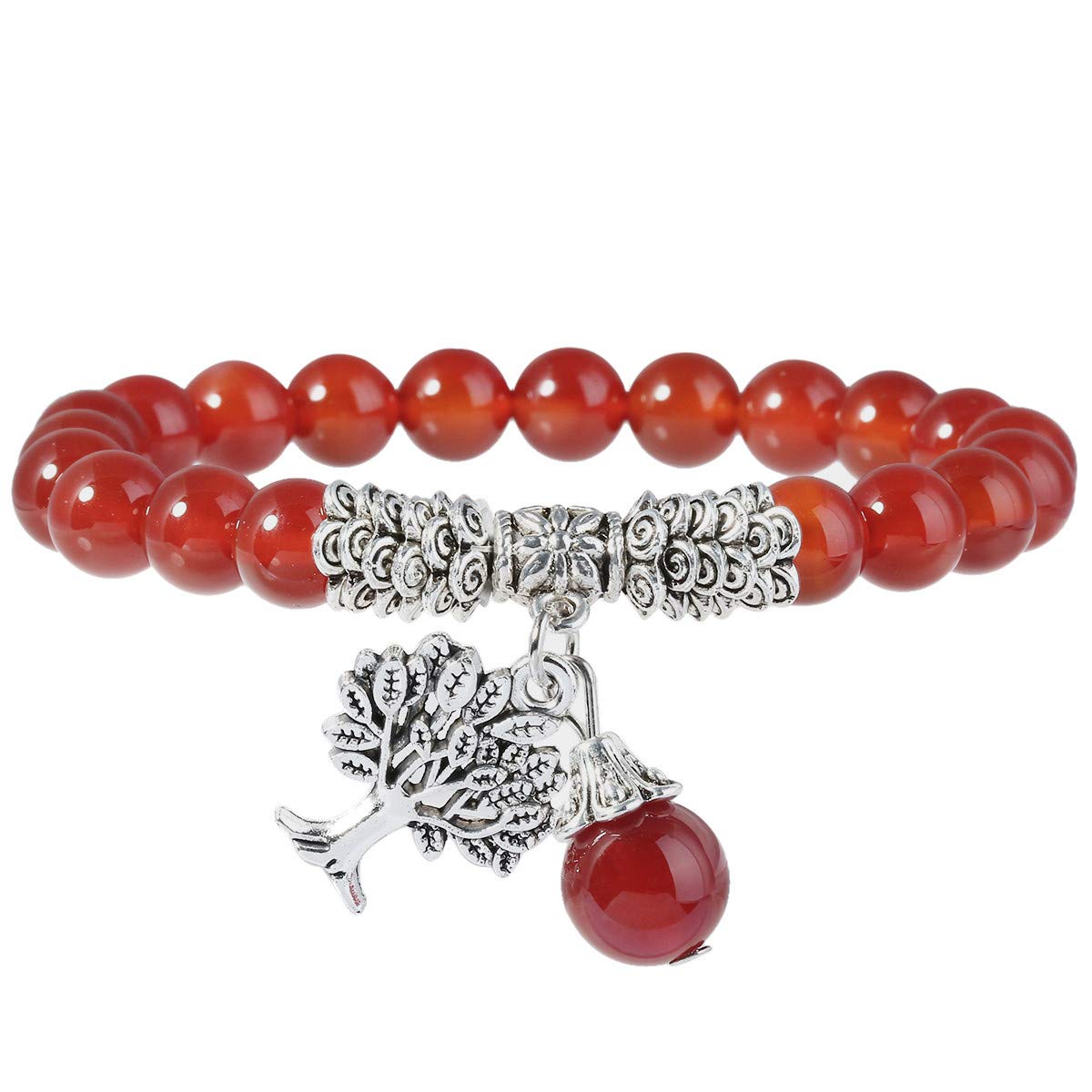 Nupuyai Gemstone Bracelet for Men and Women, Stretch 8 mm Beads Bracelets with Tree of Life Pendant for Reiki Yoga Energy Therapy, 18 centimeters, Stone Metal, Red Agate