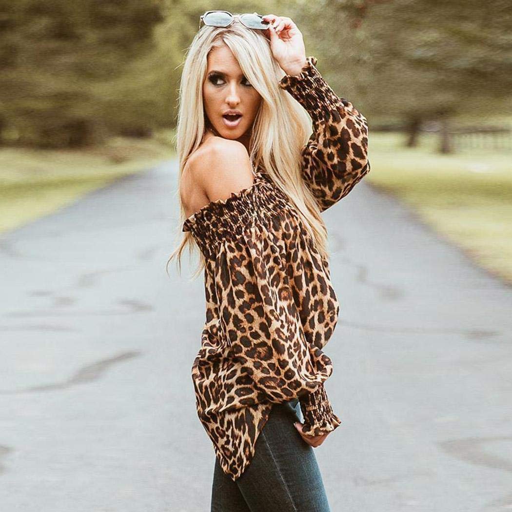 BiuKen Women Casual Slash Neck Long Sleeve Leopard Print Pullover Off-Shuolder T-Shirt Knits & Tees