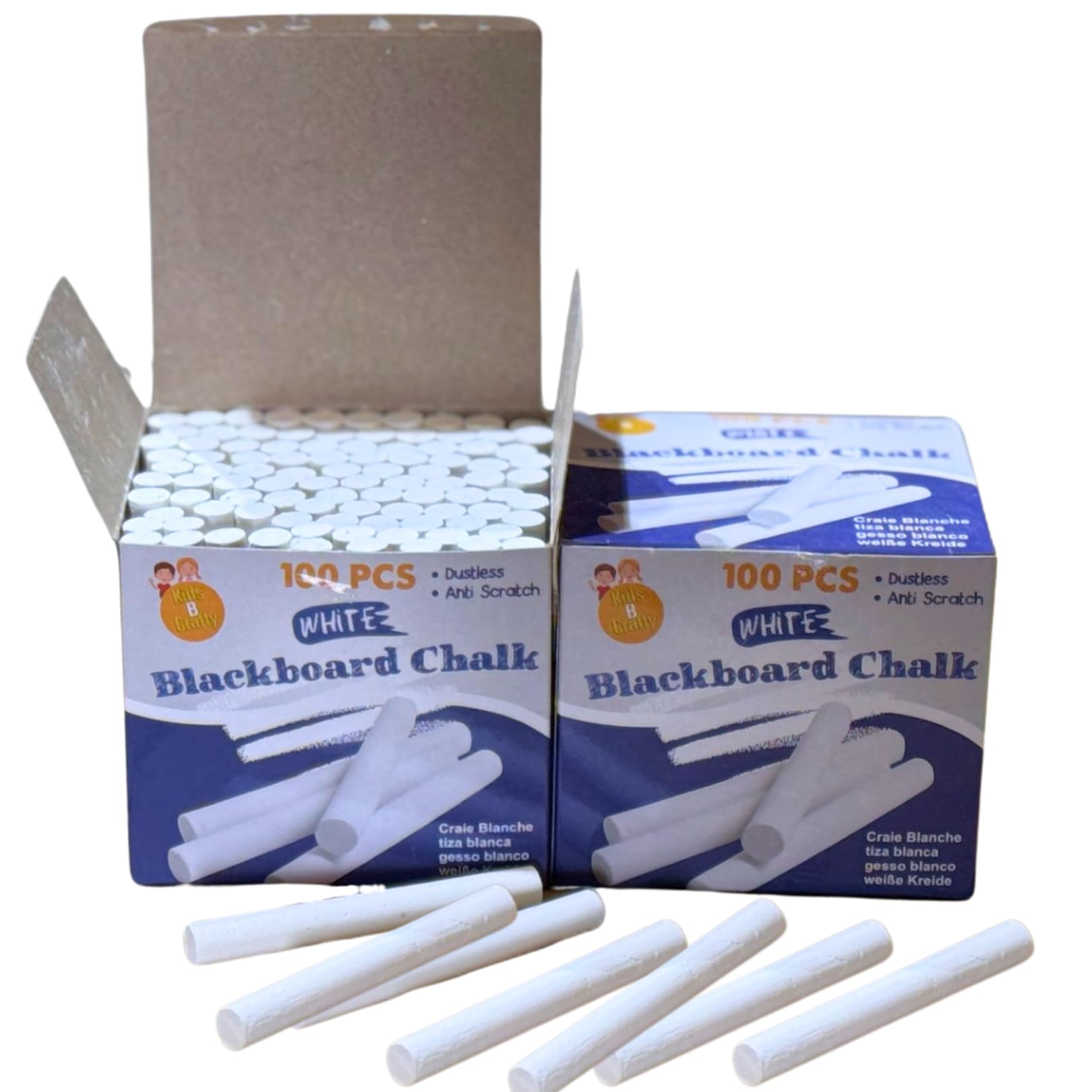 Kids B Crafty White Chalk Sticks – 200 Pack (2×100) Blackboard Chalk for Chalkboards, Schools, Teachers, Cafés & Menus – Dust-Free & Long-Lasting