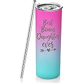 Best Bonus Daughter Gifts for Daughter In Law Birthday Mothers Day Gift from Mom Dad 20 oz Bonus Daughters Skinny Tumbler Christmas Gift For Step Daughters From Mother Father Cup Gifts with Lid Straw