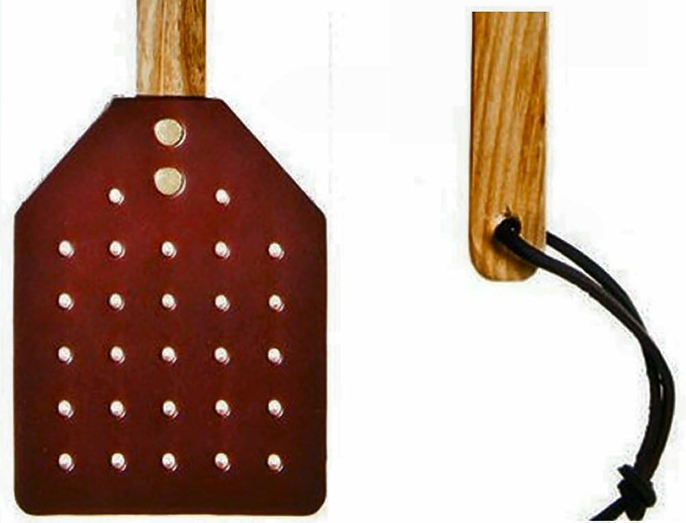 Black Leather Fly Swatter Made by Amish Craftsmen with Heavy Duty Black Leather Swatter and Durable Wooden Handle. Hand Made in America.