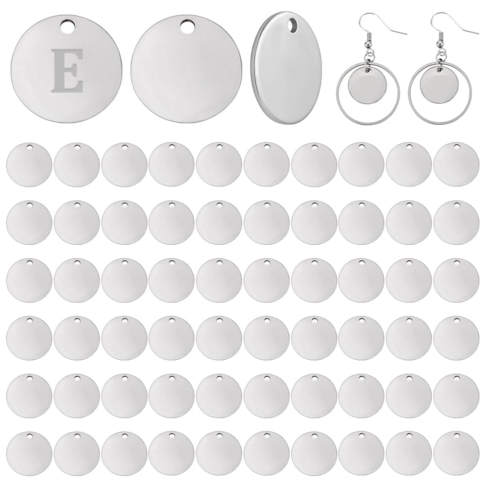 PH PandaHall 60pcs 15mm Blank Stamping Tags, 304 Stainless Steel Engraving Blanks Metal Discs Pendant Charms for Necklace Bracelet Jewellery Making Laser Engraving DIY Crafts Pet Tag