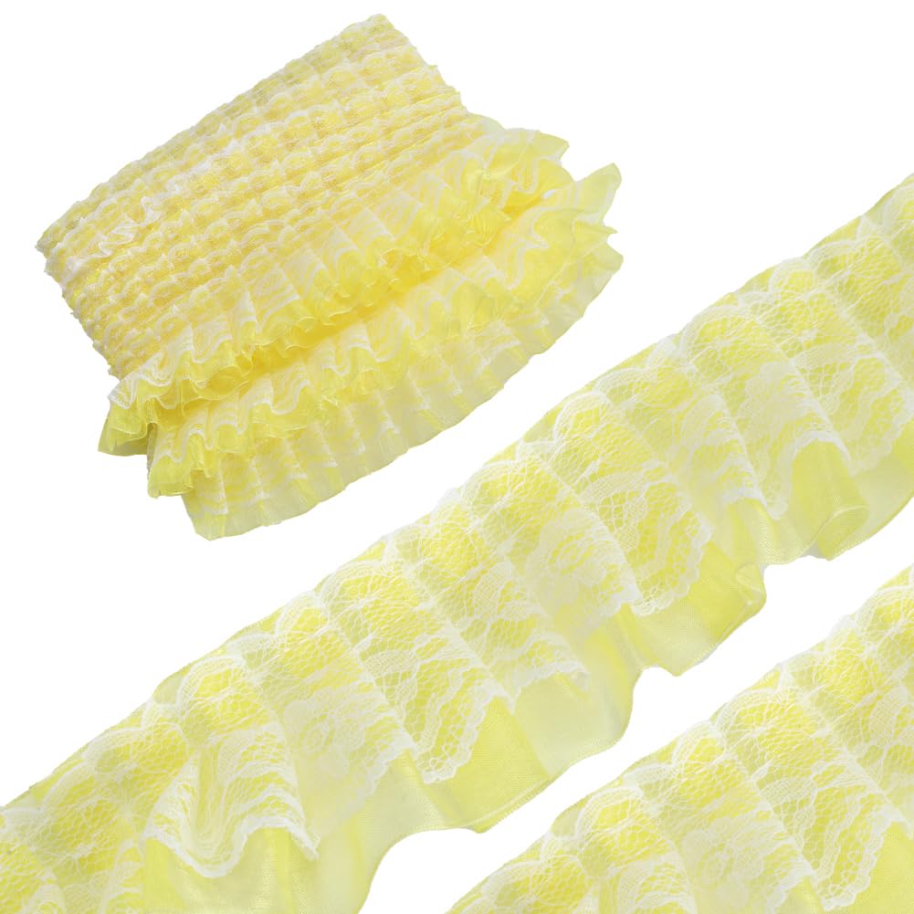 GORGECRAFT 10 Yards 5cm Wide Double Layer Lace Edge Ribbon Pleated Gathered Voile Chiffon Mesh Organza Tulle Fabric Ruffles Edging Trimmings for DIY Sewing Craft Wedding Dress Party Decor Yellow