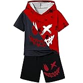 WDIRARA Boy's Two Piece Graphic Print Hooded Neck Tops and Track Shorts Clothing Set