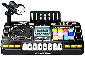 Asixxsix DJ Mixer Controller, Audio Mixer Board with LED Lights Sound Effects Piano Keys Karaoke Microphon for Kids Toddlers 