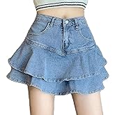 SMIUPIN Women's Casual Denim Mini Skirt Ruffled Slim A-line Pleated Jean Short Skirt