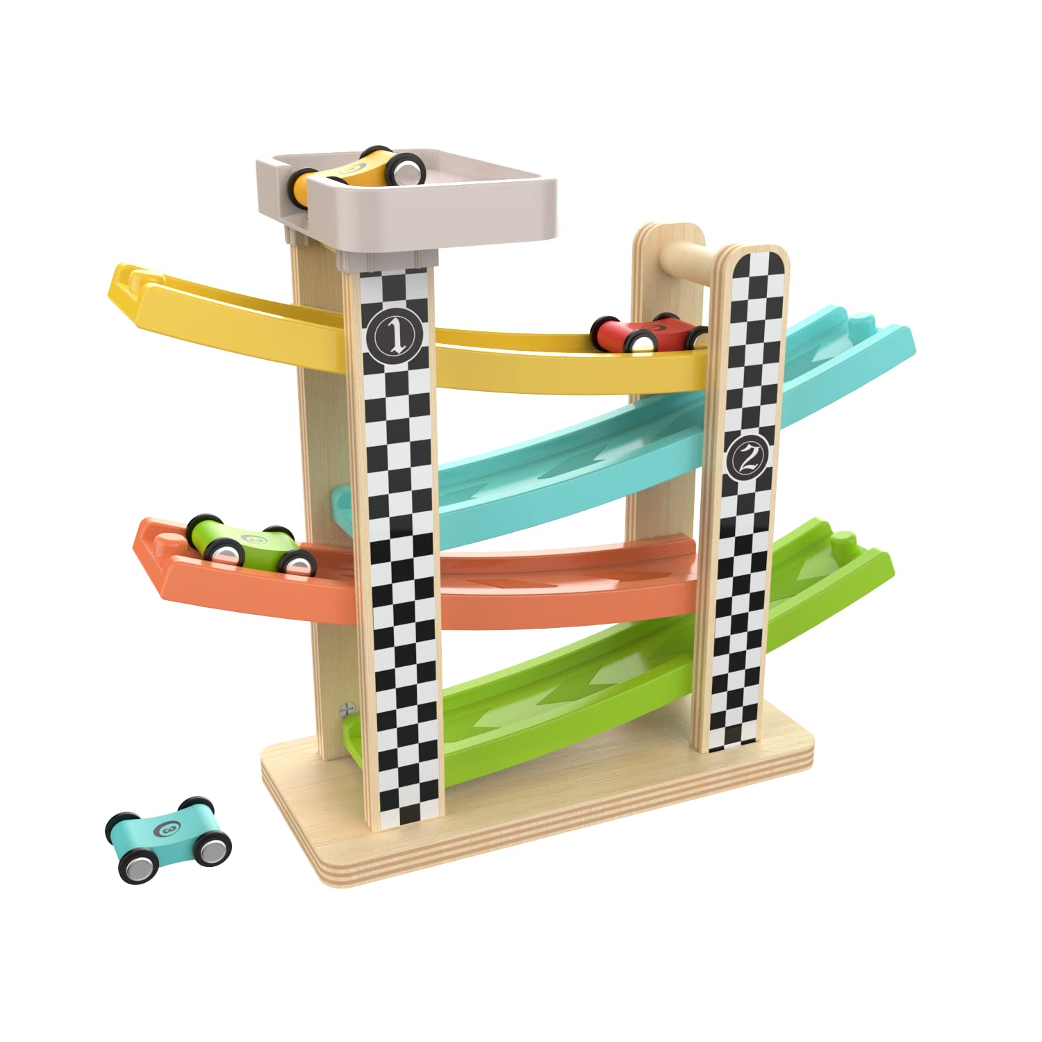 Top Bright Wooden Race Track Car Ramp Racer for 1 2 Year Old Boys Girls Gifts Presents, Toddler Toys with 4 Mini Cars