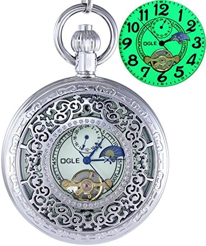 OGLE Waterproof Large Digital Luminous Tourbillon Phases Moon Pendant Necklace Chain Fob Automatic Mechanical Pattern Pocket Watch