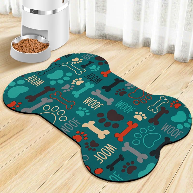 Photo 1 of Dog Food Mats for Floors Waterproof, Pet Feeding Absorbent Water Bowl Mat Cat Placemats Green Bone Shape 23.6 * 15.7 inch