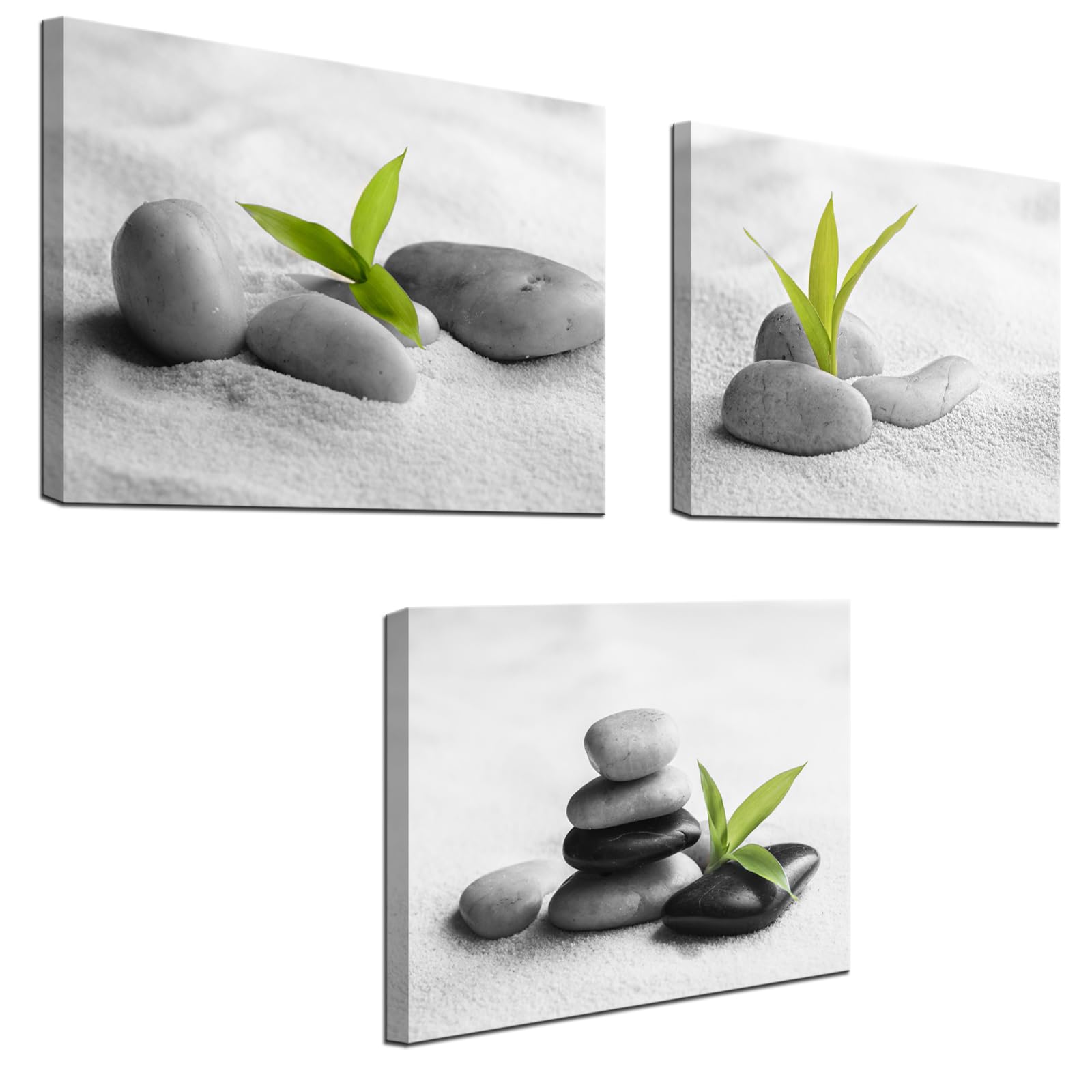 Photo 1 of Biuteawal 3 Piece Zen Canvas Wall Art for Bathroom Decor Zen Stone with Green Plant Picture Print Peaceful Still Life Artwork Painting Modern Home Bedroom Meditation Room Spa Room Decoration
