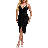 un tercio Women's Deep V Neck Sexy Spaghetti Adjustable Strap Cross Back Ruched Club Dress