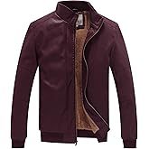 WenVen Men's Stand Collar Fleece Lined Bomber Faux Leather Jacket Warm Winter Coat